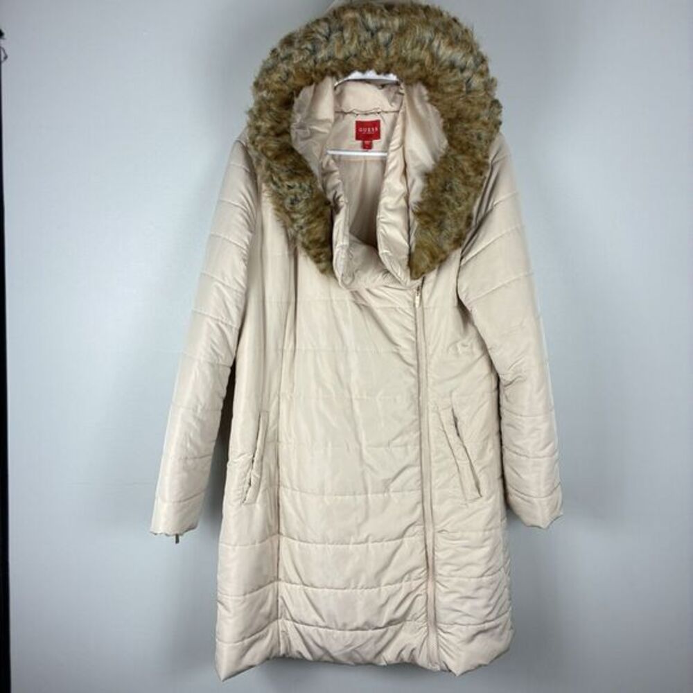 GUESS Y2K Long Puffer Coat Jacket Lt Tan Faux Fur Hood sz L Vintage SkiI Bunny